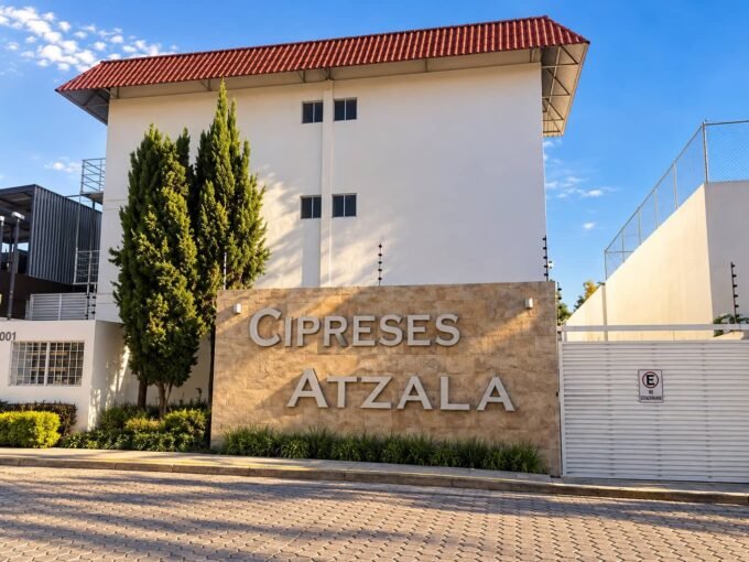 Entrada del conjunto residencial Cipreses Atzala en San Andrés Cholula