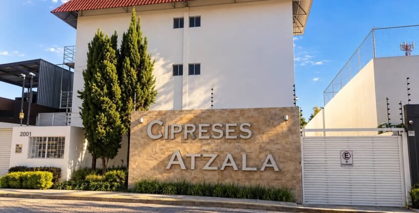 Entrada del conjunto residencial Cipreses Atzala en San Andrés Cholula